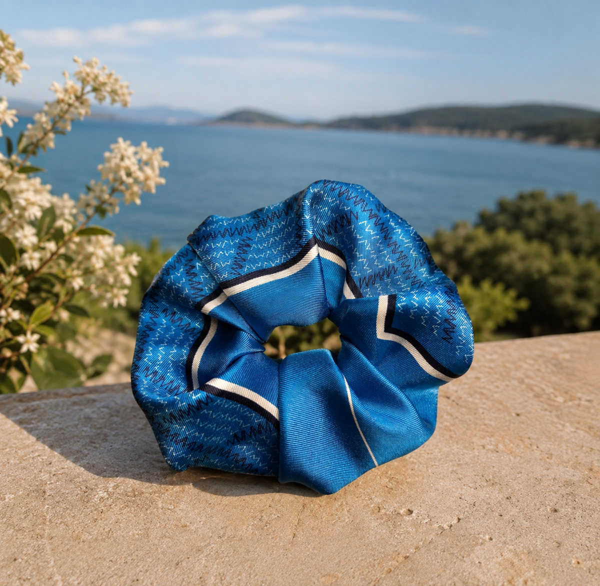Chouchou en soie sergé de mûrier Azur